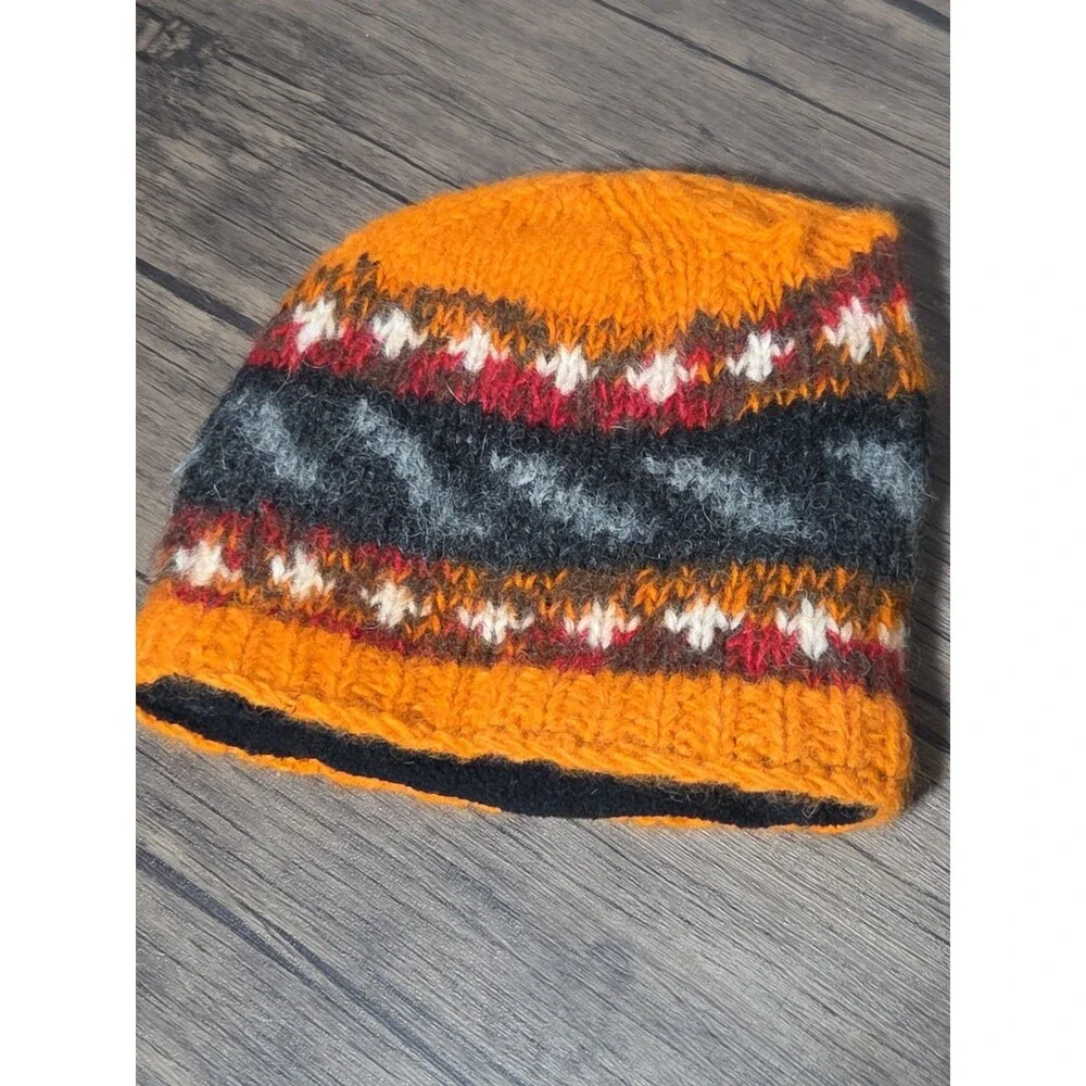 Earth Ragz 100% Pure Wool Beanie Hat Fair Isle Orange Grey Boho Heavy Knit OS